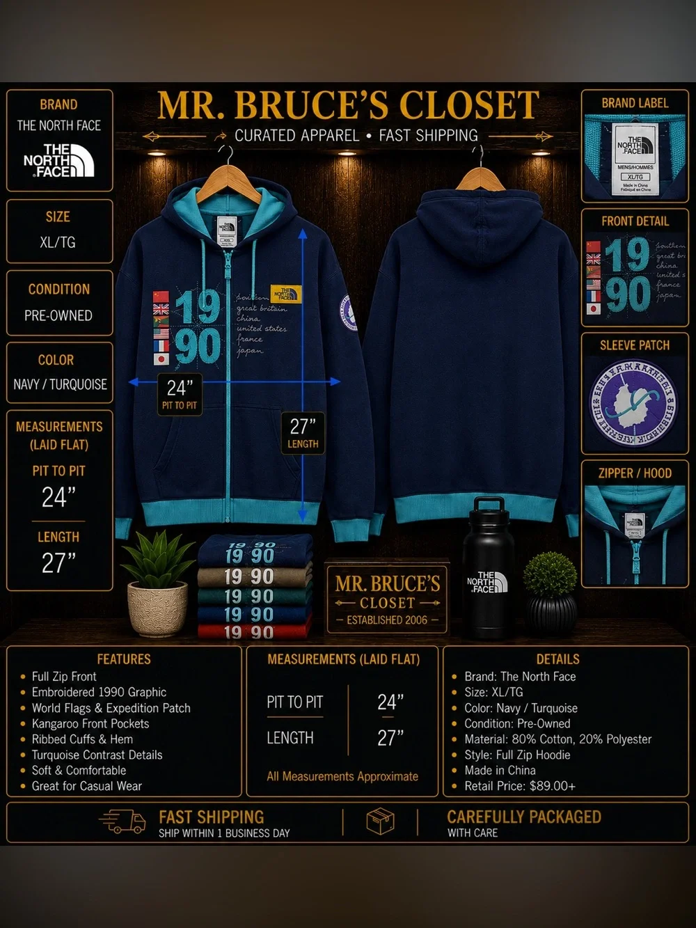 The North Face Navy & Turquoise Full-Zip Hoodie Jacket